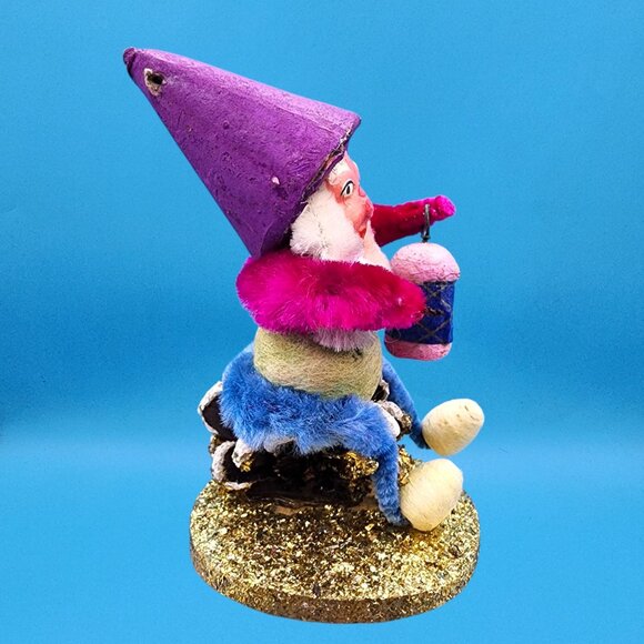 Vintage 1950s Japan Putz Elf Gnome Spun Cotton Lantern Purple Hat Christmas Deco - Picture 7 of 10
